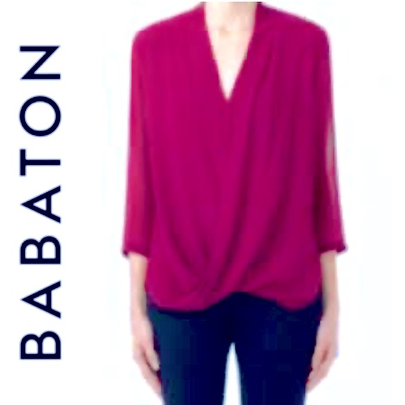 Babaton “Beau” draped pure silk blouse in magenta/raspberry - Picture 1 of 6